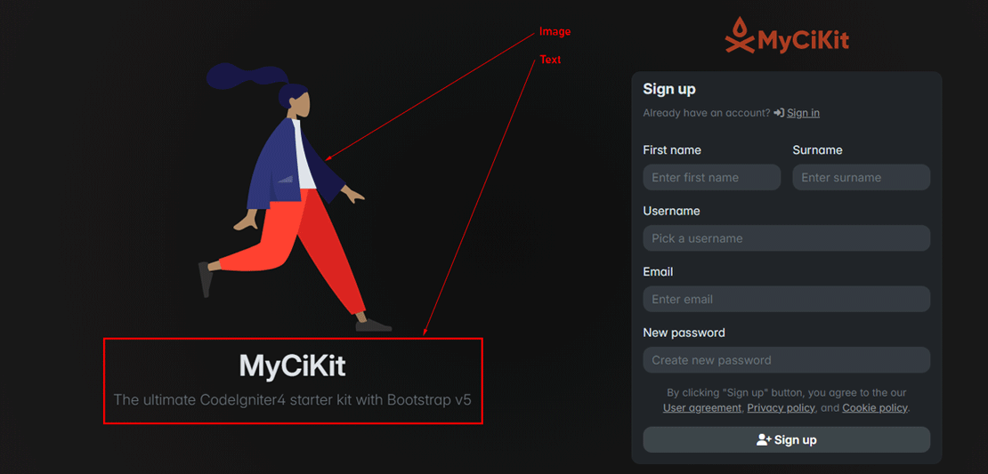 Change text and background images on user signup page