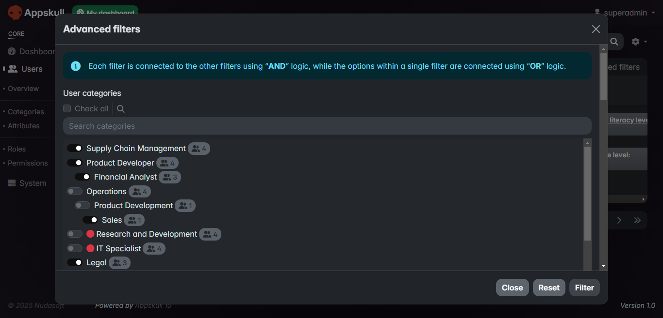 Read view advanced filters popup