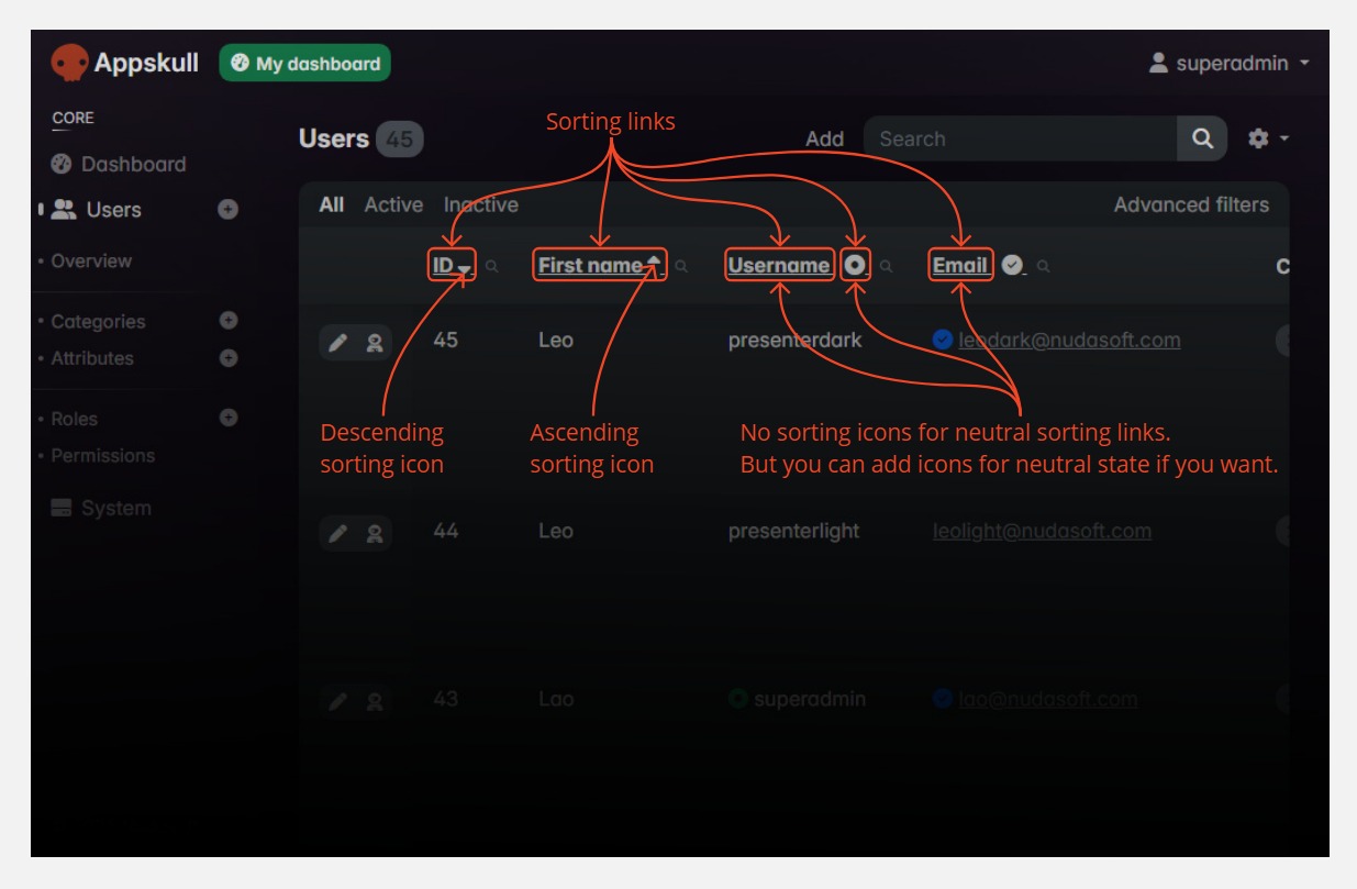 Sorting links with icons in a crud view